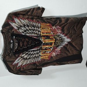 Women's M Affliction T Shirt Top Metallic Black Brown Wings American Metal